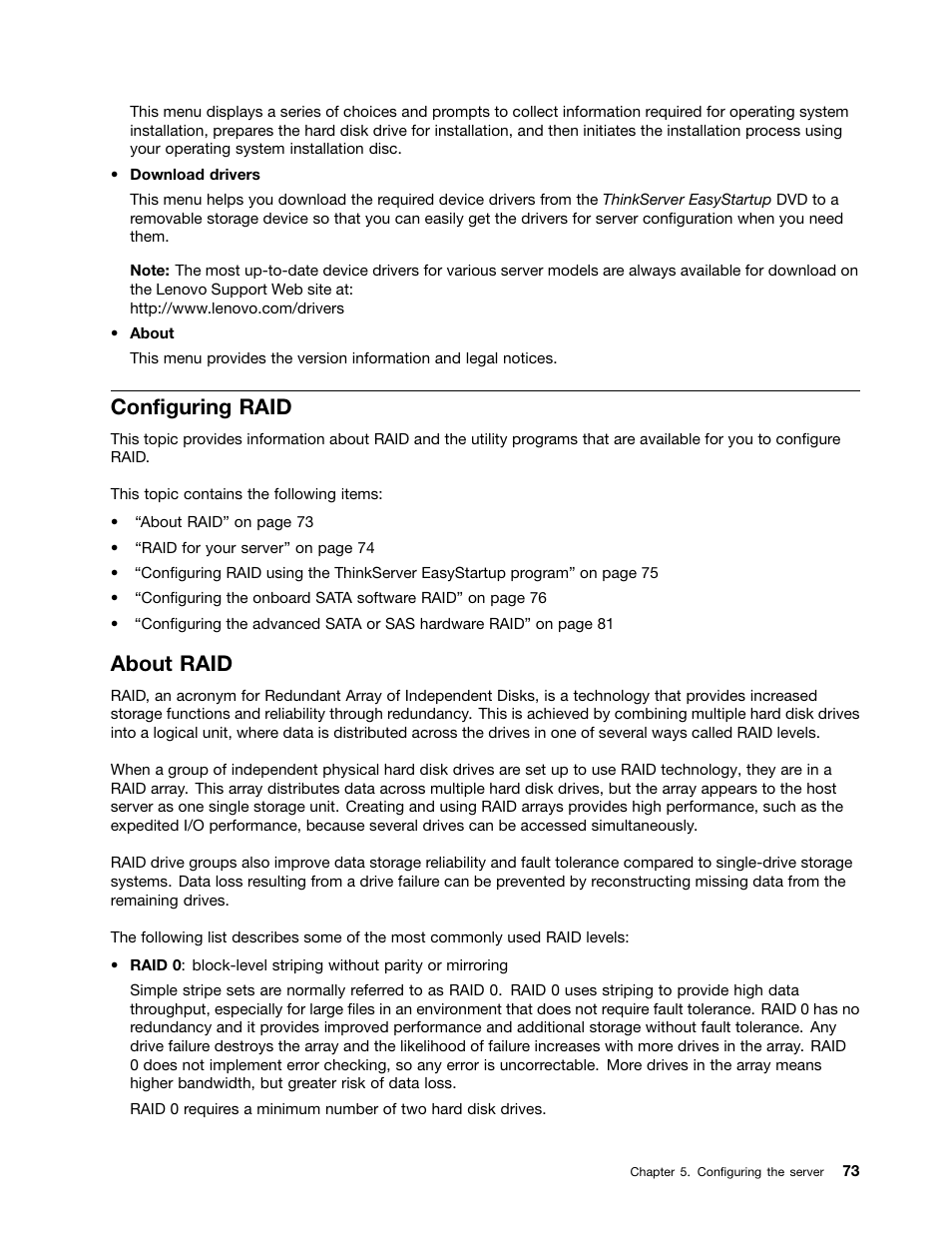 Configuring raid, About raid | Lenovo ThinkServer TS430 User Manual | Page 85 / 222