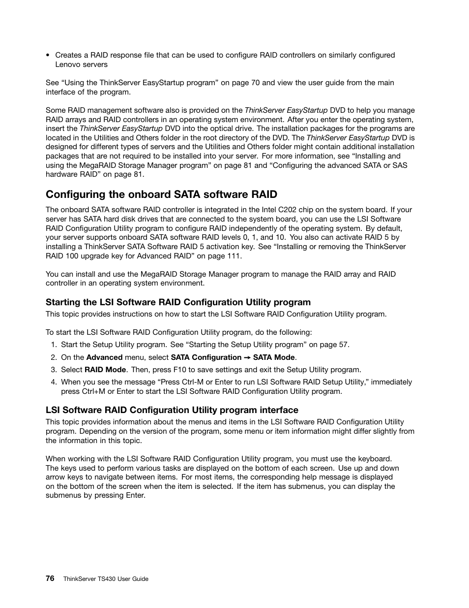 Configuring the onboard sata software raid | Lenovo ThinkServer TS430 User Manual | Page 88 / 222