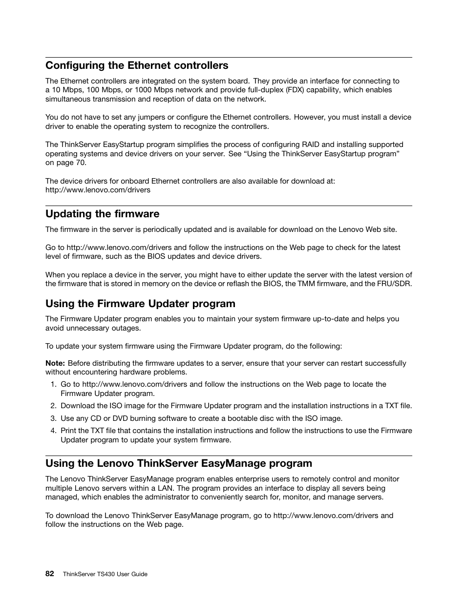 Configuring the ethernet controllers, Updating the firmware, Using the firmware updater program | Using the lenovo thinkserver easymanage program | Lenovo ThinkServer TS430 User Manual | Page 94 / 222