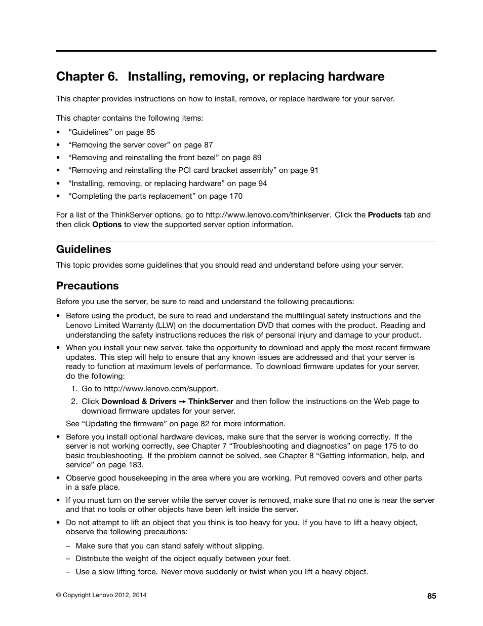 Guidelines, Precautions, Chapter 6 “installing, removing | Lenovo ThinkServer TS430 User Manual | Page 97 / 222