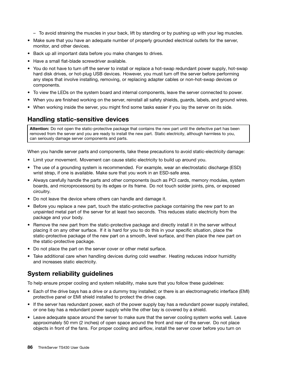 Handling static-sensitive devices, System reliability guidelines | Lenovo ThinkServer TS430 User Manual | Page 98 / 222