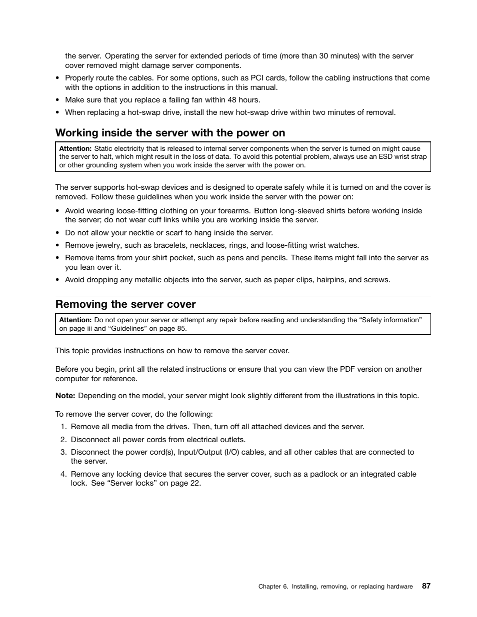 Working inside the server with the power on, Removing the server cover | Lenovo ThinkServer TS430 User Manual | Page 99 / 222