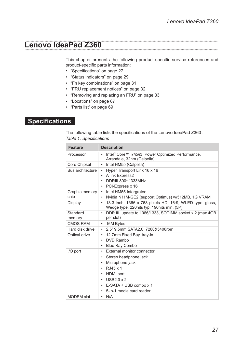 Lenovo ideapad z360, Specifications | Lenovo IdeaPad Z360 User Manual | Page 31 / 89