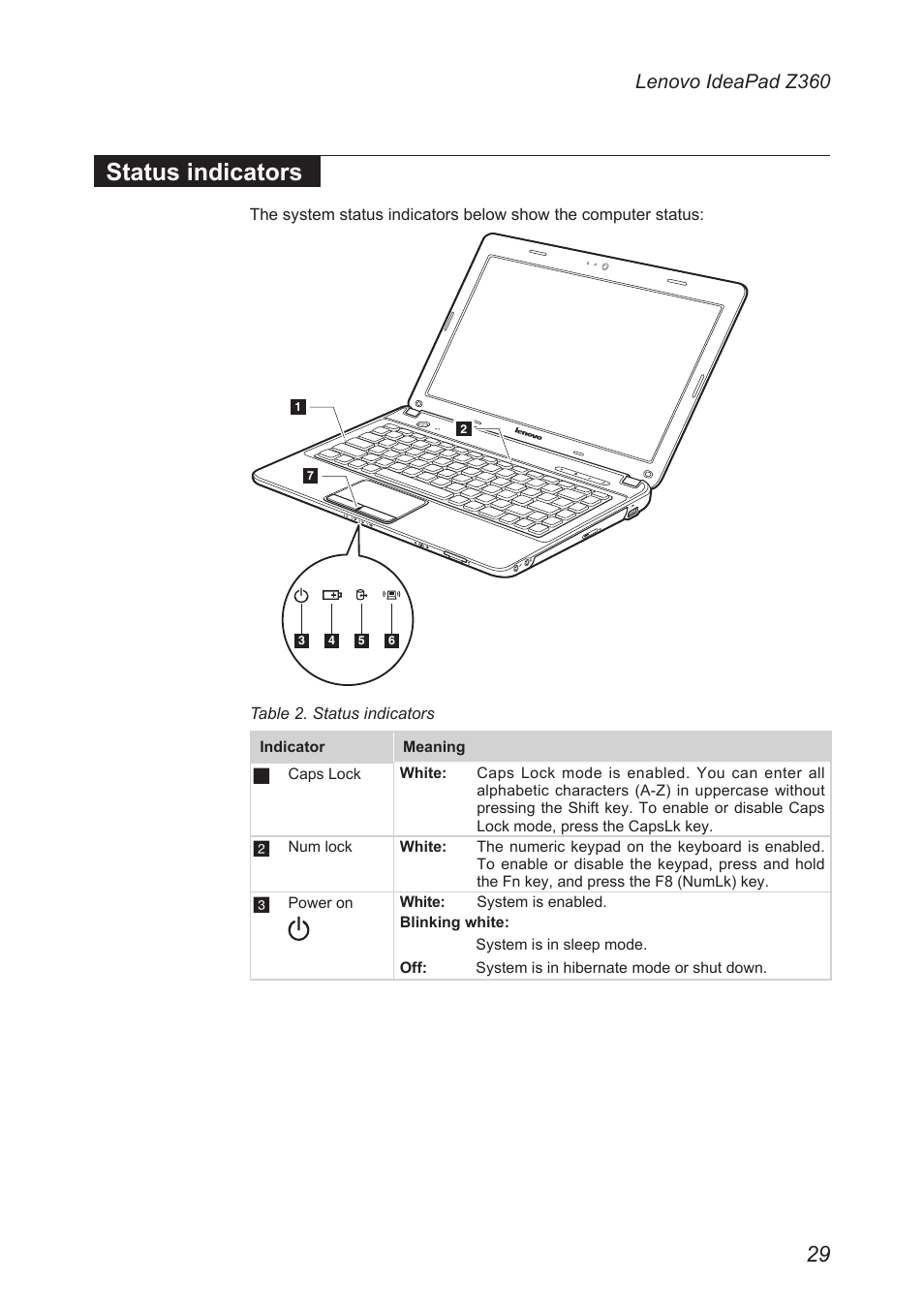 Status indicators, Lenovo ideapad z360 | Lenovo IdeaPad Z360 User Manual | Page 33 / 89