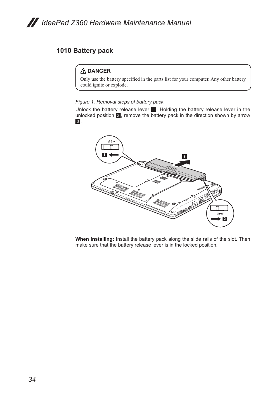 1010 battery pack, Ideapad z360 hardware maintenance manual | Lenovo IdeaPad Z360 User Manual | Page 38 / 89