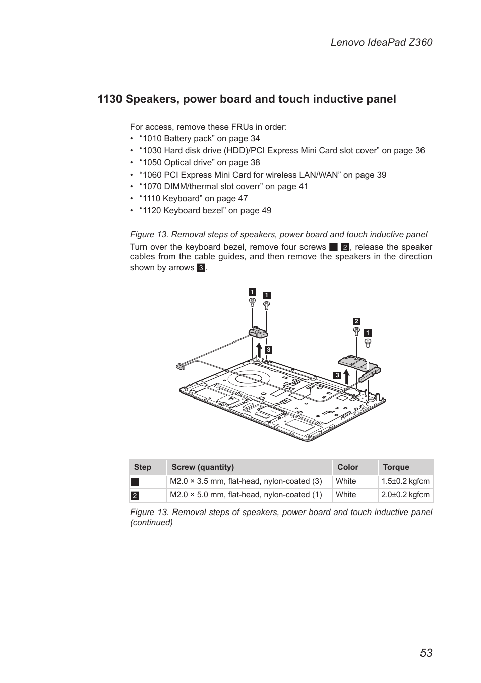 1130 speakers, power board and touch, Inductive panel, Lenovo ideapad z360 | Lenovo IdeaPad Z360 User Manual | Page 57 / 89