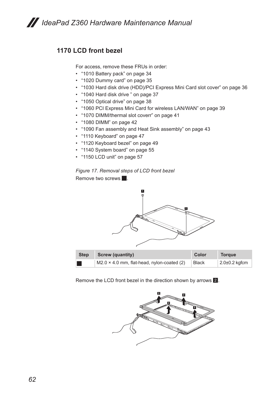 1170 lcd front bezel, Ideapad z360 hardware maintenance manual | Lenovo IdeaPad Z360 User Manual | Page 66 / 89