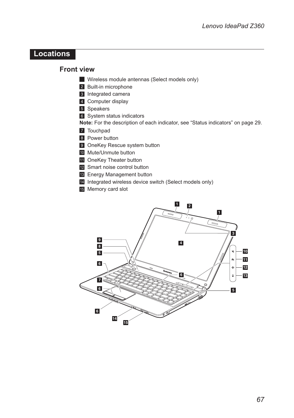 Locations, Front view, Lenovo ideapad z360 | Lenovo IdeaPad Z360 User Manual | Page 71 / 89