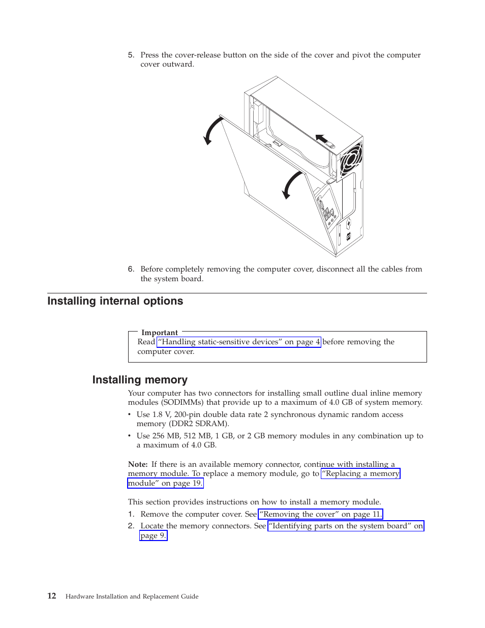 Installing internal options, Installing memory, Installing | Internal, Options, Memory | Lenovo ThinkCentre A61e User Manual | Page 20 / 42