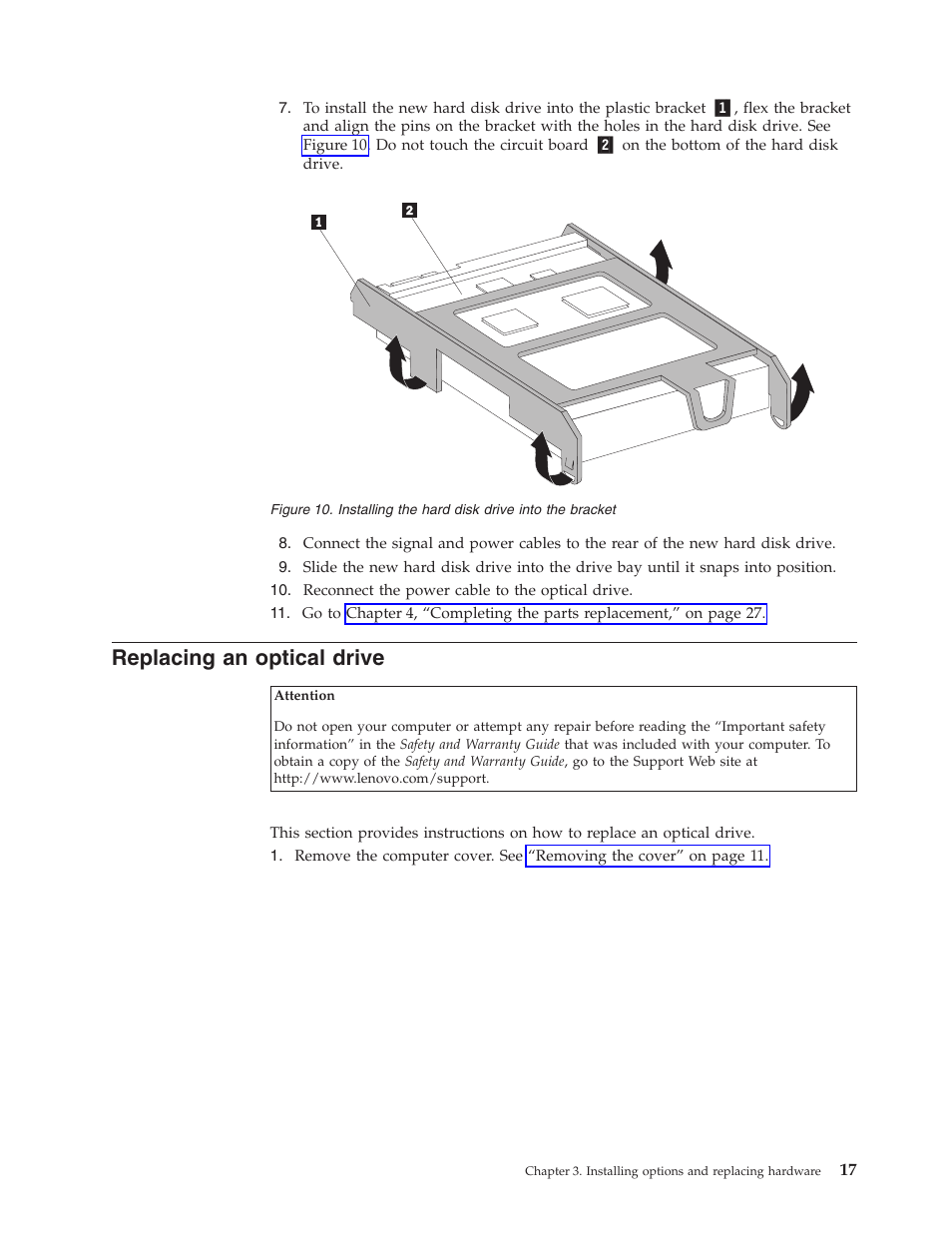 Replacing an optical drive, Replacing, Optical | Drive, Installing, Hard, Disk, Into, Bracket | Lenovo ThinkCentre A61e User Manual | Page 25 / 42