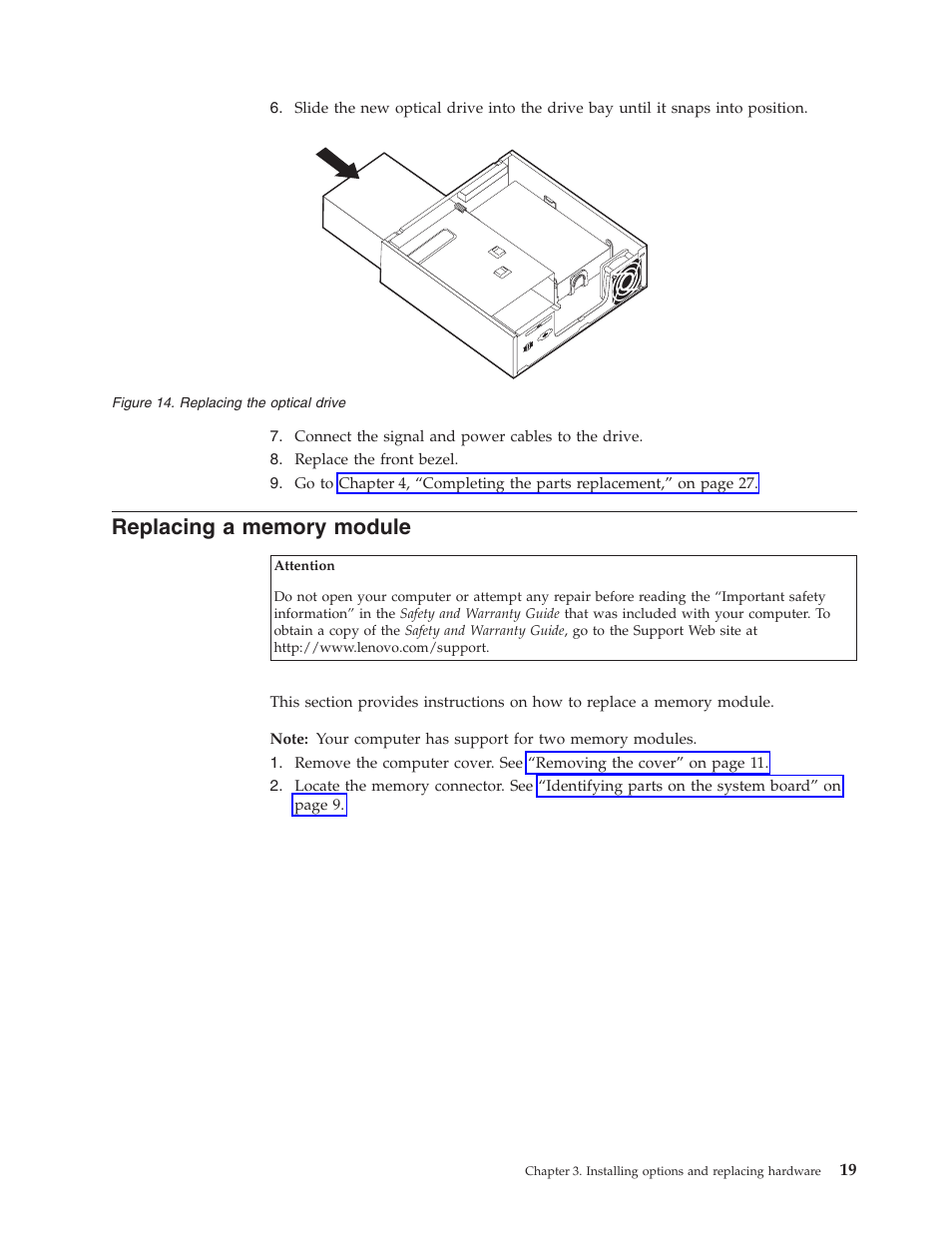 Replacing a memory module, Replacing, Memory | Module, Optical, Drive | Lenovo ThinkCentre A61e User Manual | Page 27 / 42