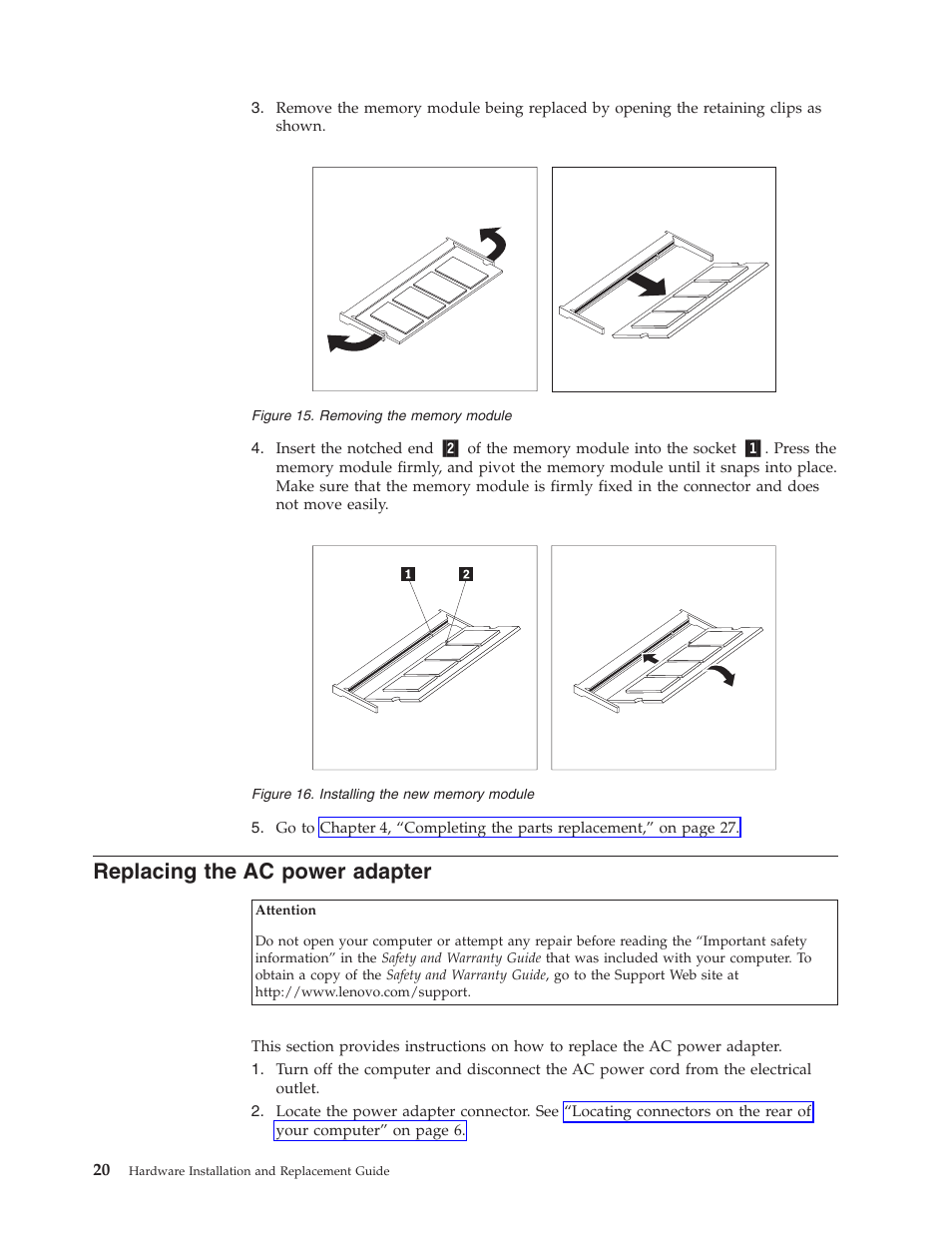 Replacing the ac power adapter, Replacing, Power | Adapter, Removing, Memory, Module, Installing | Lenovo ThinkCentre A61e User Manual | Page 28 / 42