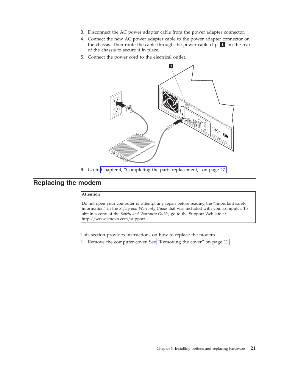 Replacing the modem, Replacing, Modem | Lenovo ThinkCentre A61e User Manual | Page 29 / 42