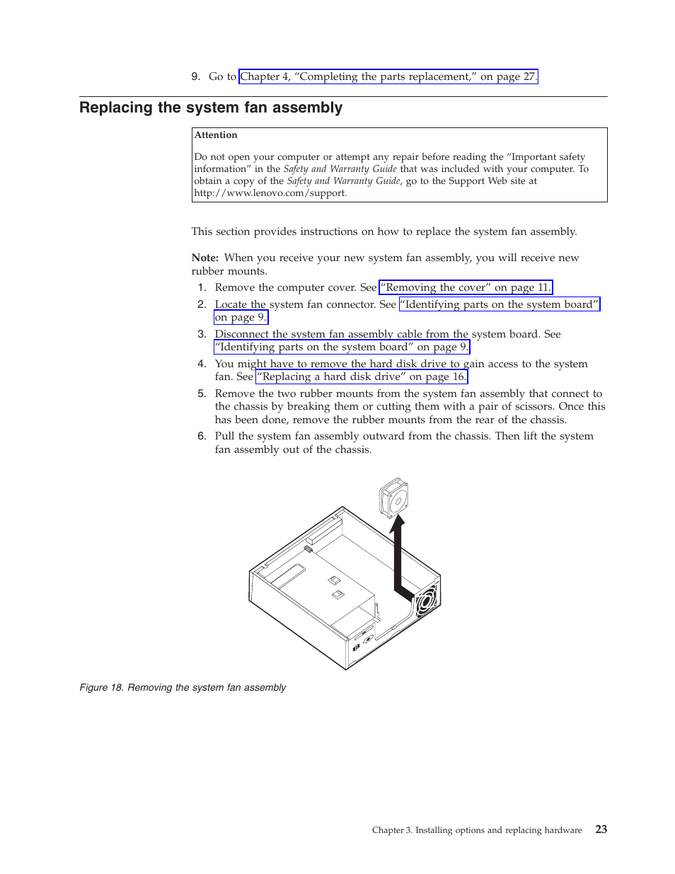 Replacing the system fan assembly, Replacing, System | Assembly, Removing | Lenovo ThinkCentre A61e User Manual | Page 31 / 42