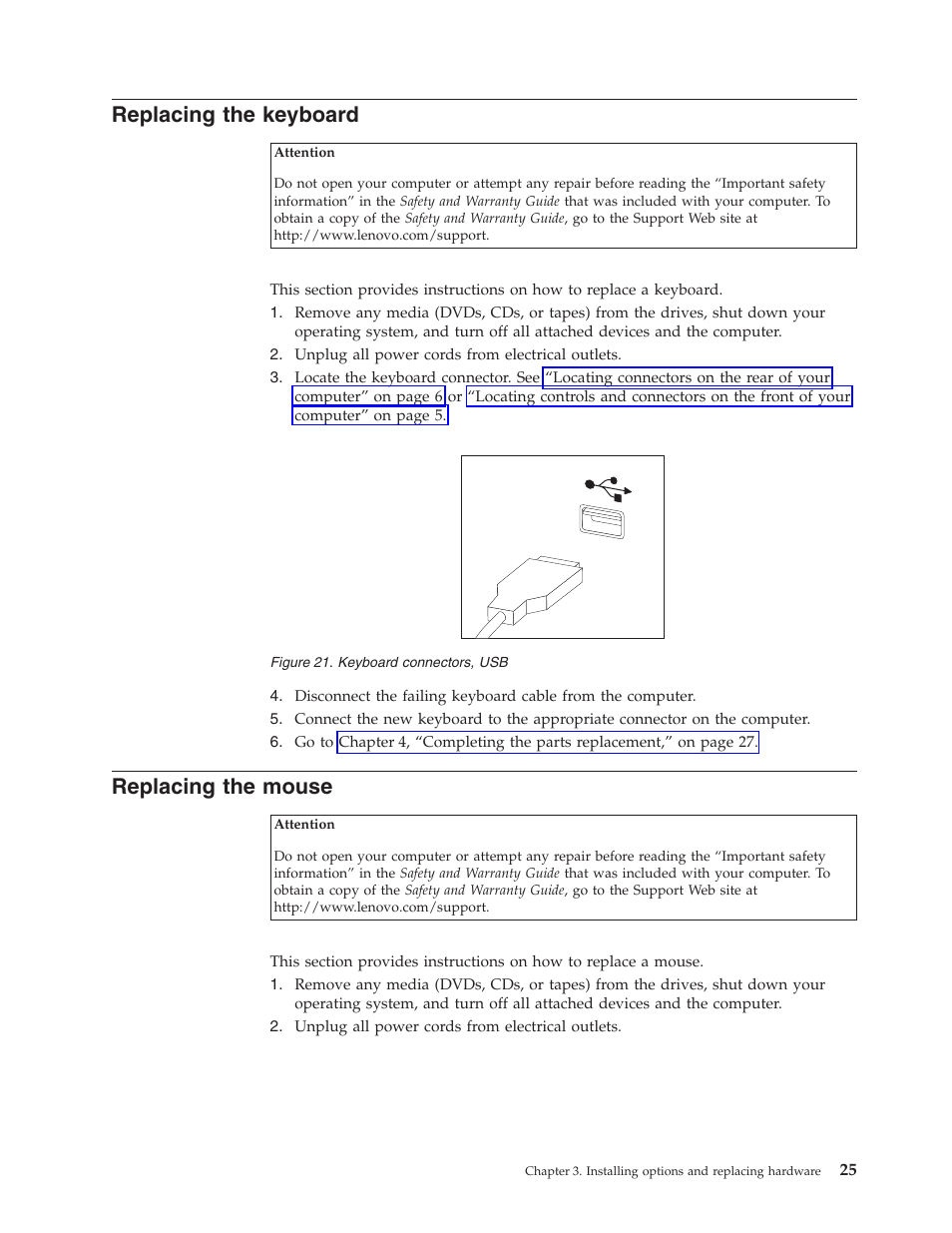 Replacing the keyboard, Replacing the mouse, Replacing | Keyboard, Mouse, Connectors | Lenovo ThinkCentre A61e User Manual | Page 33 / 42