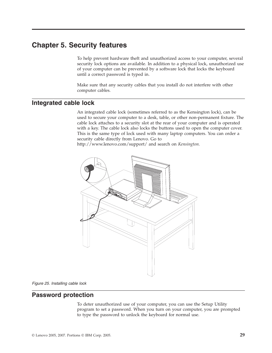 Chapter 5. security features, Integrated cable lock, Password protection | Chapter, Security, Features, Integrated, Cable, Lock, Password | Lenovo ThinkCentre A61e User Manual | Page 37 / 42