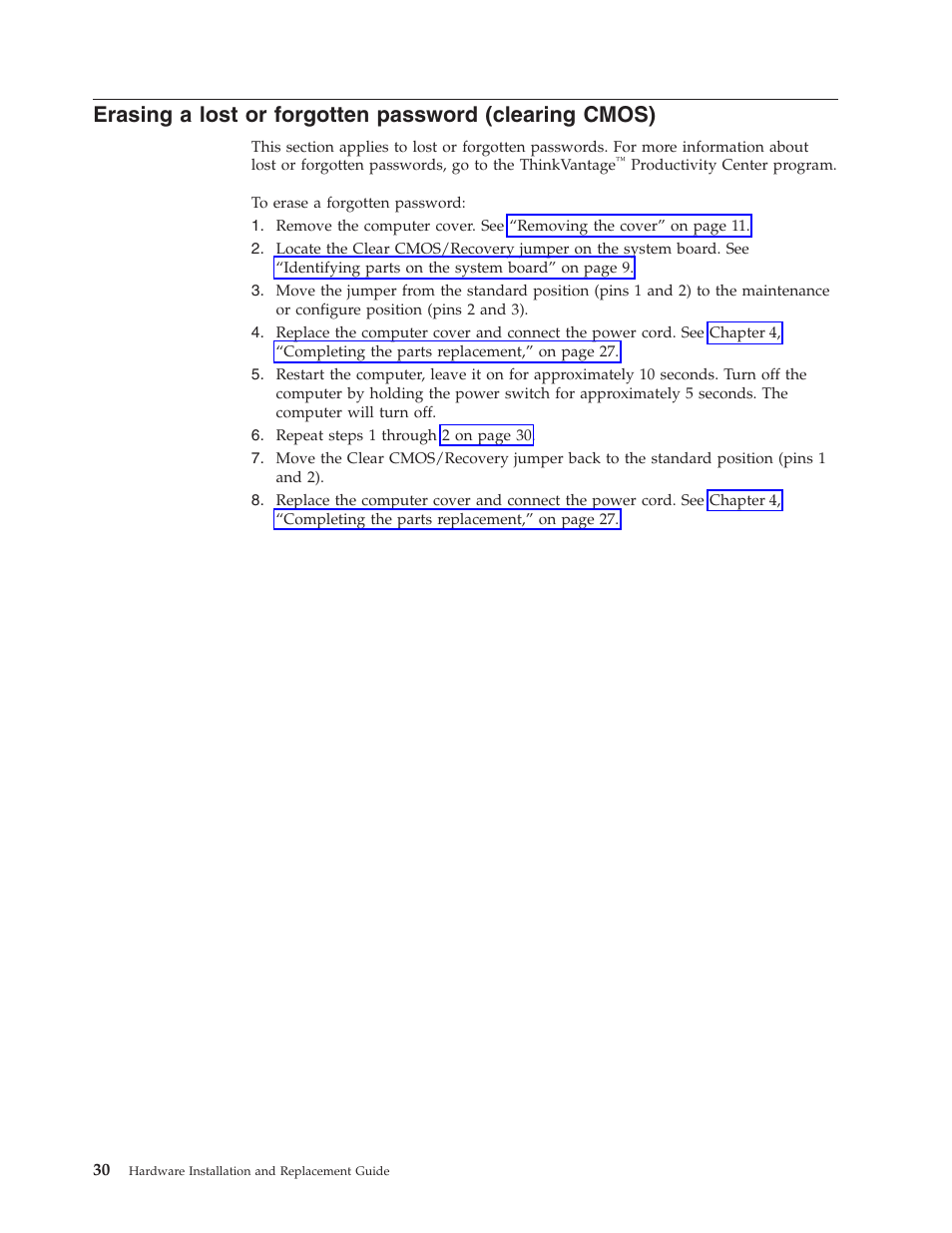 Erasing, Lost, Forgotten | Password, Clearing, Cmos) | Lenovo ThinkCentre A61e User Manual | Page 38 / 42