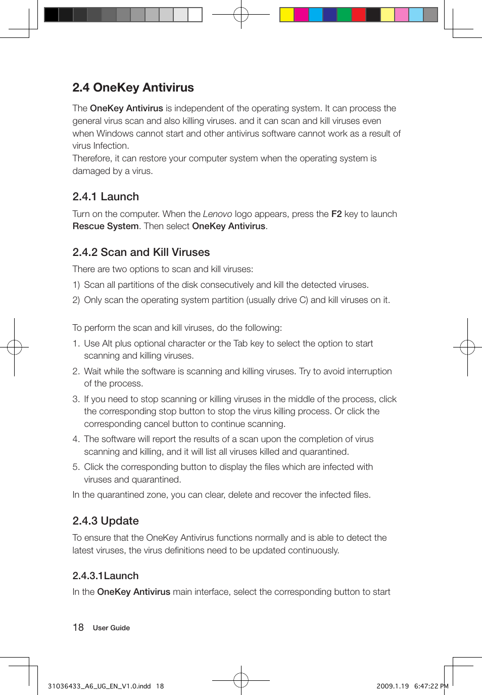 4 onekey antivirus, 1 launch, 2 scan and kill viruses | 3 update | Lenovo IdeaCentre A600 User Manual | Page 23 / 47