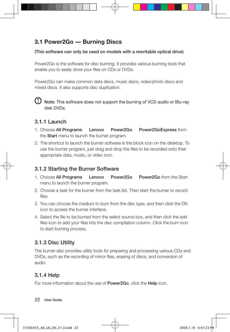 1 power2go — burning discs, 1 launch, 2 starting the burner software | 3 disc utility, 4 help | Lenovo IdeaCentre A600 User Manual | Page 27 / 47