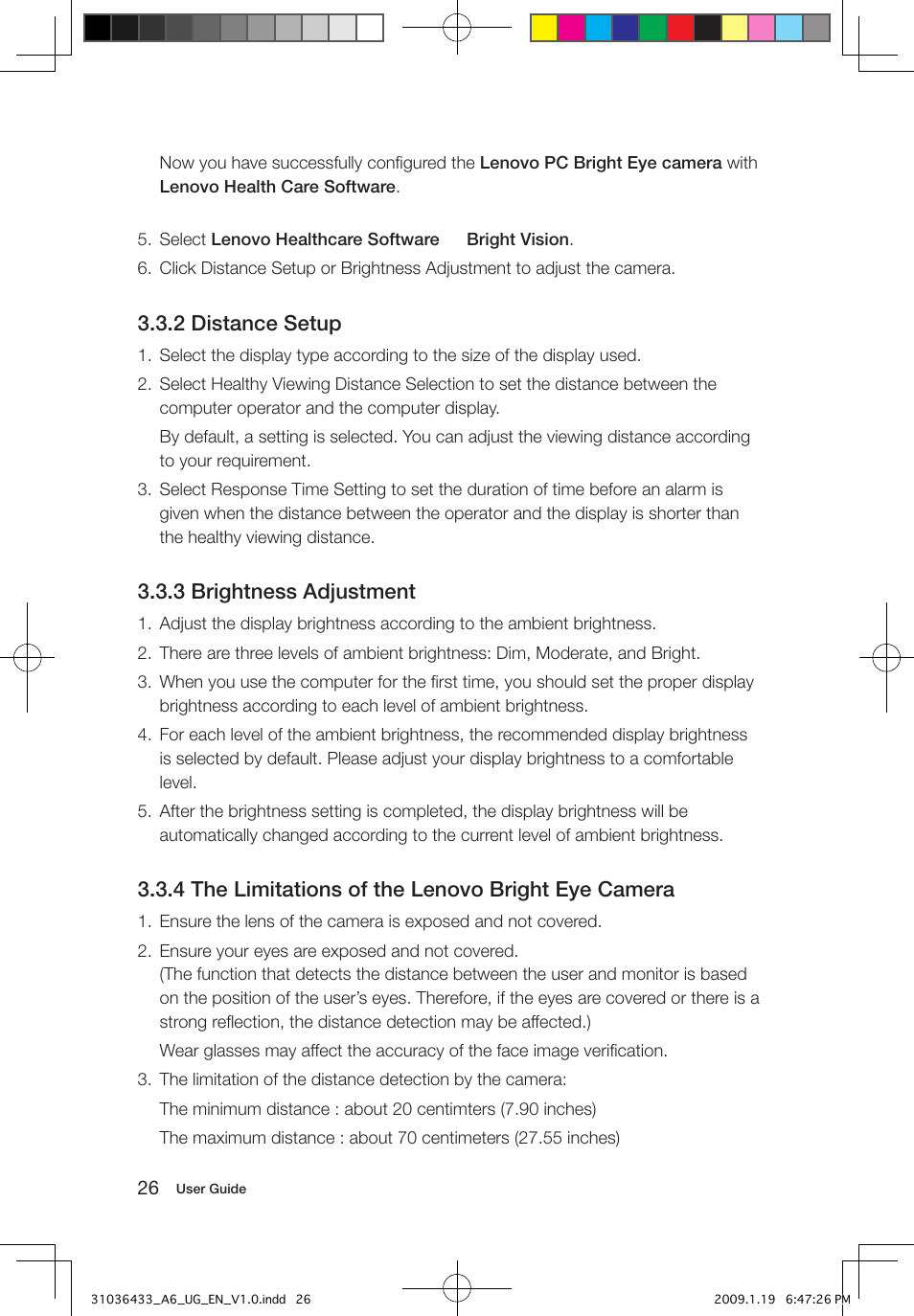 2 distance setup, 3 brightness adjustment, 4 the limitations of the lenovo bright eye camera | Lenovo IdeaCentre A600 User Manual | Page 31 / 47