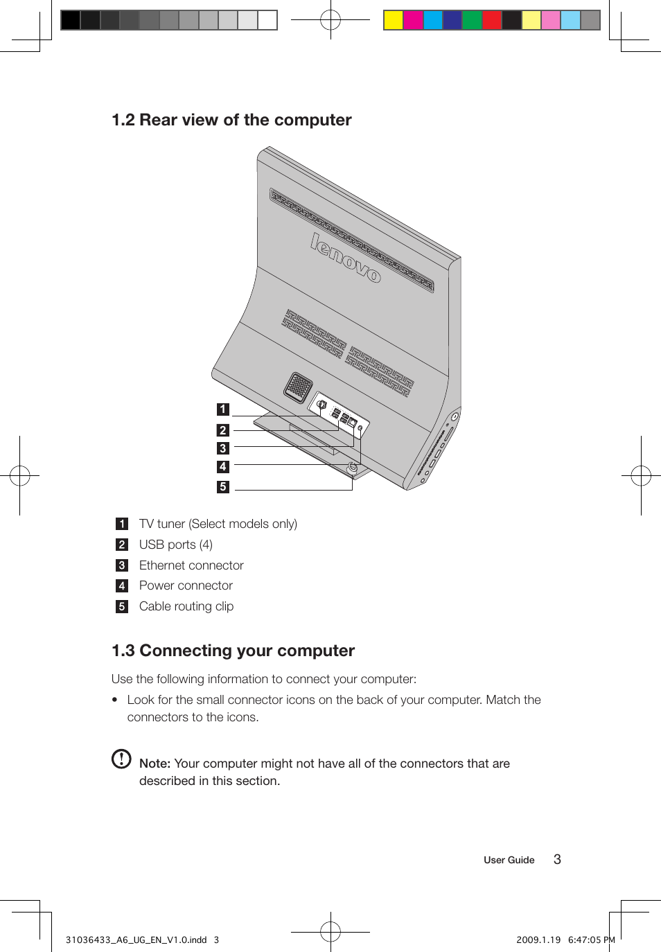 2 rear view of the computer, 3 connecting your computer | Lenovo IdeaCentre A600 User Manual | Page 8 / 47