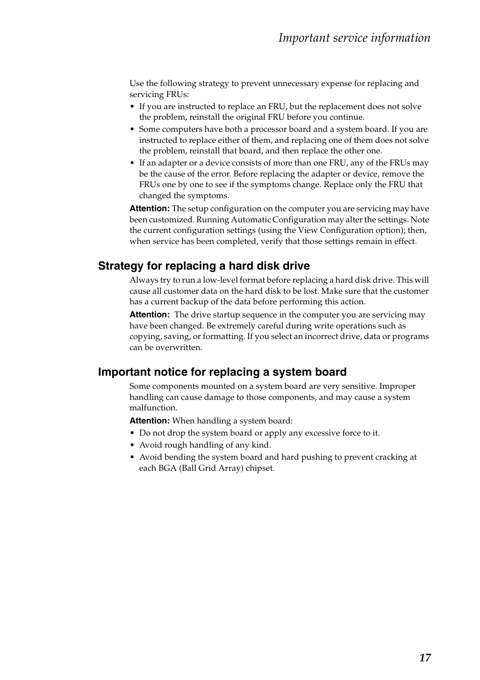 Strategy for replacing a hard disk drive, Important notice for replacing a system board, Important service information | Lenovo Yoga 13 Notebook IdeaPad User Manual | Page 21 / 73