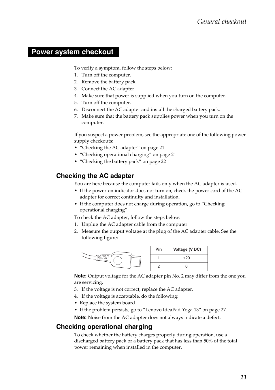 Power system checkout, Checking the ac adapter, Checking operational charging | General checkout | Lenovo Yoga 13 Notebook IdeaPad User Manual | Page 25 / 73