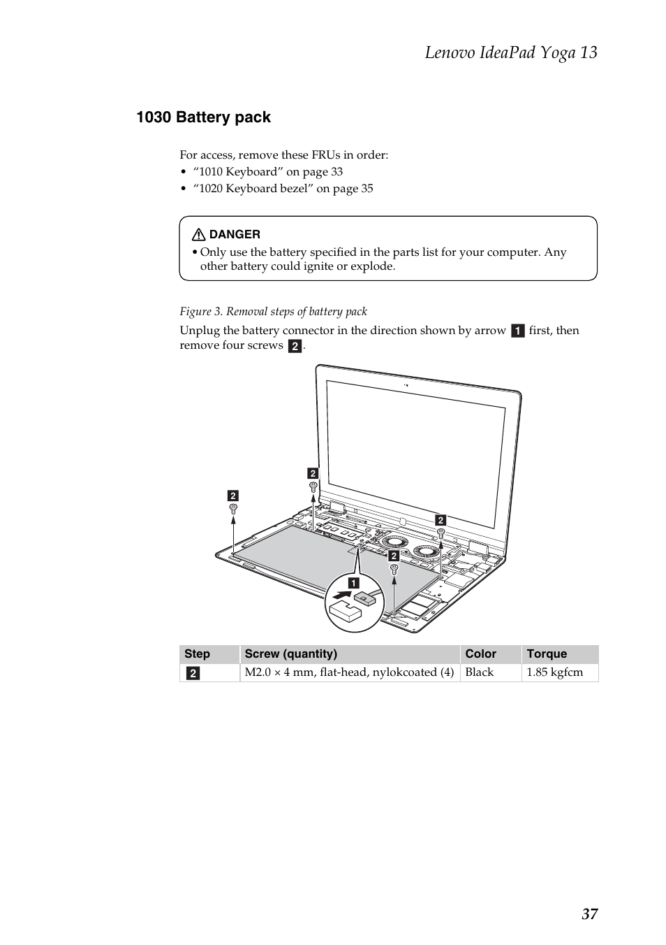 1030 battery pack, Lenovo ideapad yoga 13 | Lenovo Yoga 13 Notebook IdeaPad User Manual | Page 41 / 73