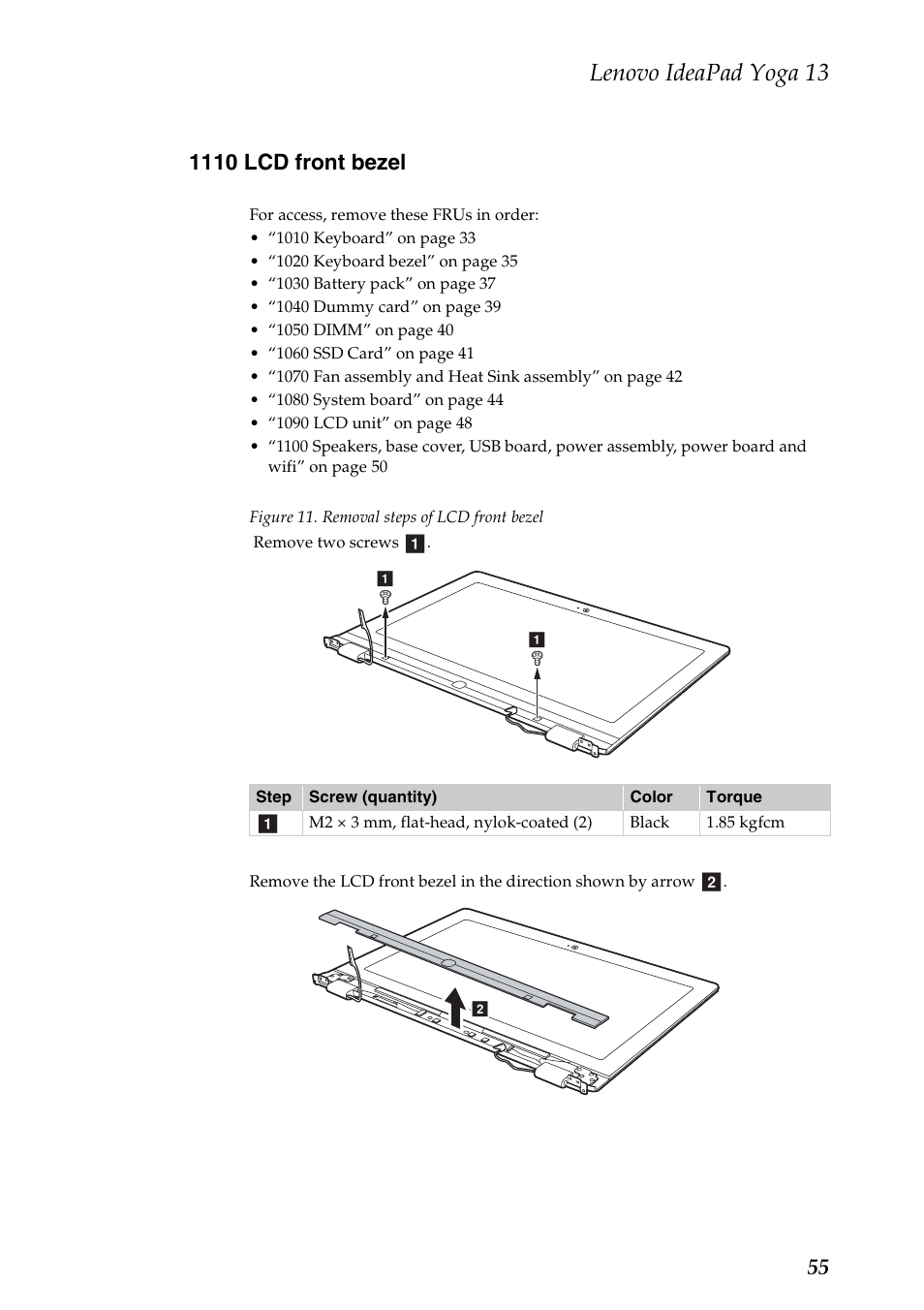 1110 lcd front bezel, Lenovo ideapad yoga 13 | Lenovo Yoga 13 Notebook IdeaPad User Manual | Page 59 / 73