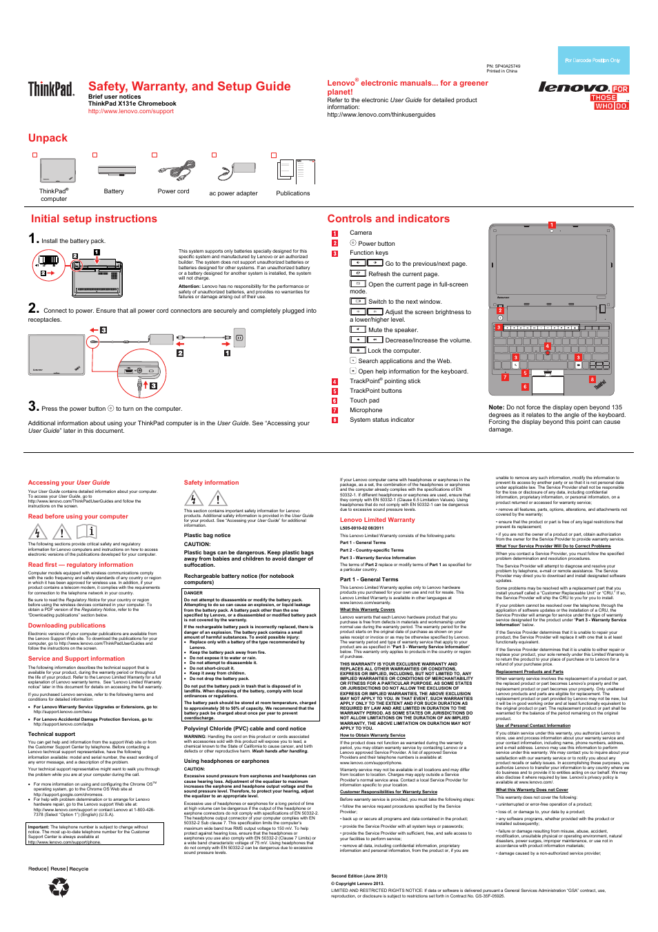 Lenovo ThinkPad X131e Chromebook User Manual | 2 pages