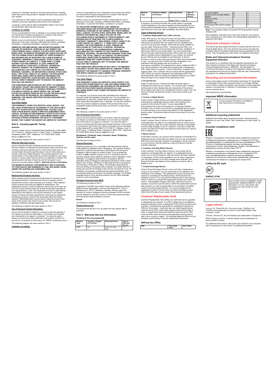 Part 2 - country-specific terms, Part 3 - warranty service information, Customer replaceable units | Self-service crus, Electronic emission notices, Recycling and environmental information, Important weee information, Additional recycling statements, Eurasian compliance mark, California bc mark | Lenovo ThinkPad X131e Chromebook User Manual | Page 2 / 2