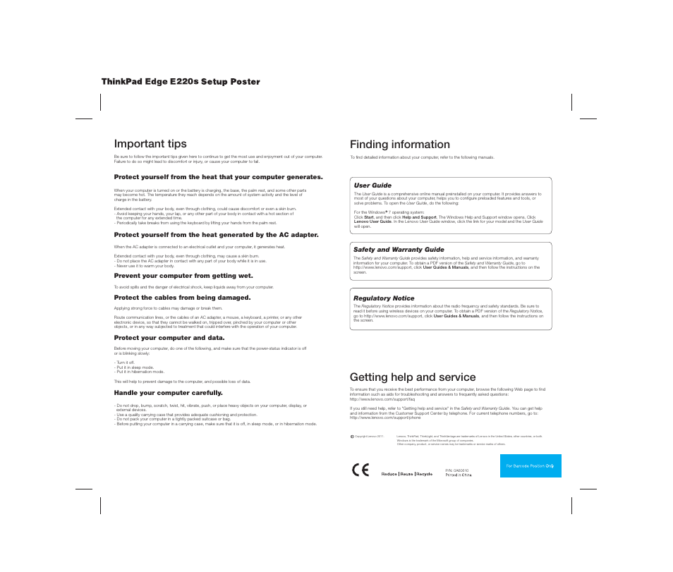 Important tips, Finding information, Getting help and service | Lenovo ThinkPad Edge E220s User Manual | Page 2 / 2