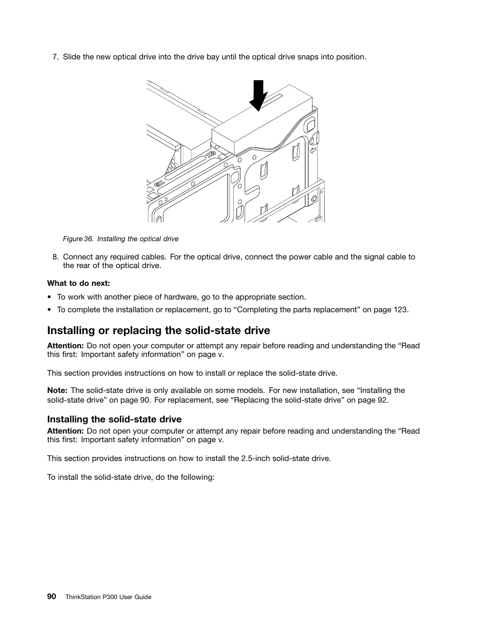 Installing or replacing the solid-state drive | Lenovo ThinkStation P300 User Manual | Page 102 / 162