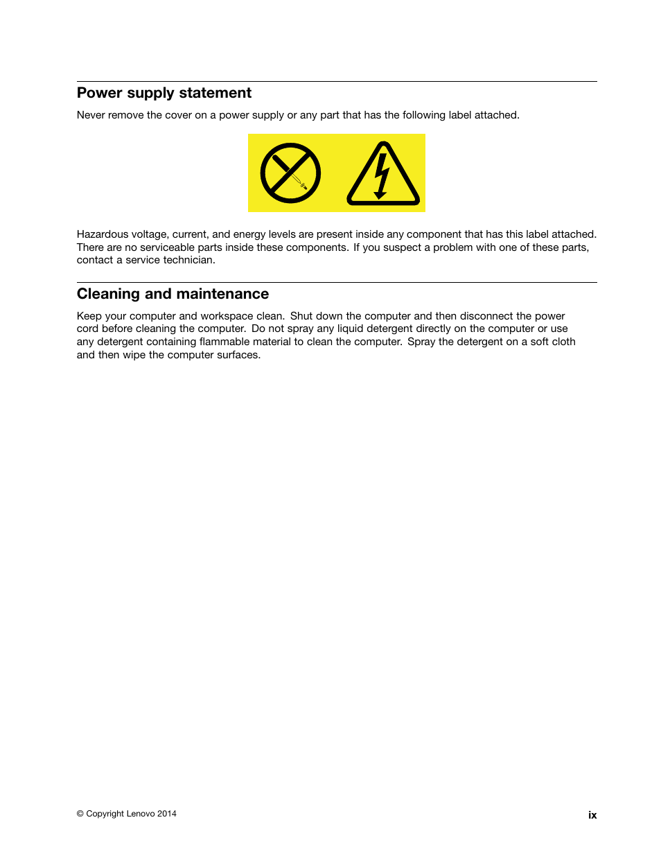 Power supply statement, Cleaning and maintenance | Lenovo ThinkStation P300 User Manual | Page 11 / 162