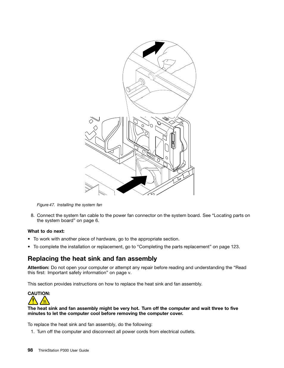 Replacing the heat sink and fan assembly | Lenovo ThinkStation P300 User Manual | Page 110 / 162