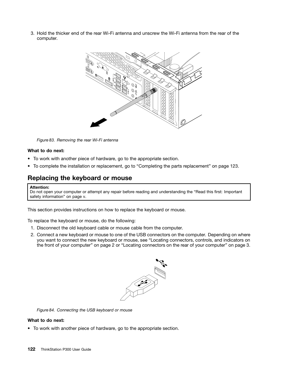 Replacing the keyboard or mouse | Lenovo ThinkStation P300 User Manual | Page 134 / 162