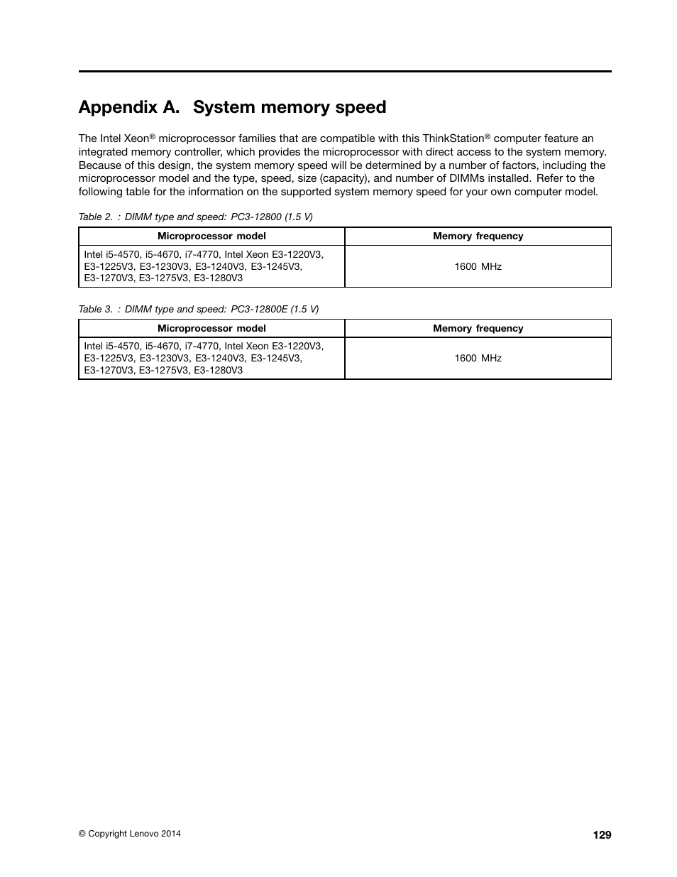 Appendix a. system memory speed | Lenovo ThinkStation P300 User Manual | Page 141 / 162