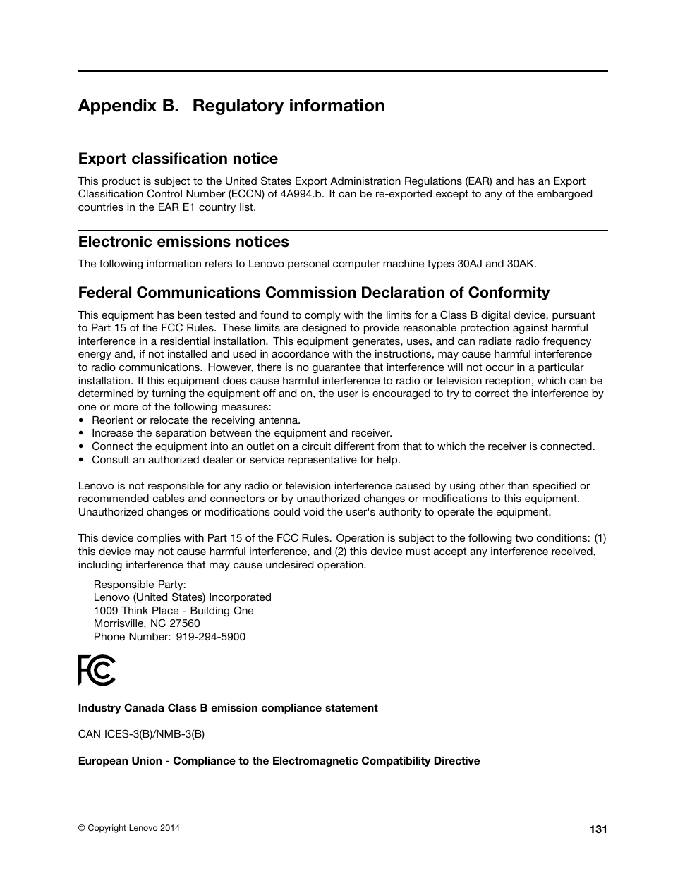 Appendix b. regulatory information, Export classification notice, Electronic emissions notices | Lenovo ThinkStation P300 User Manual | Page 143 / 162