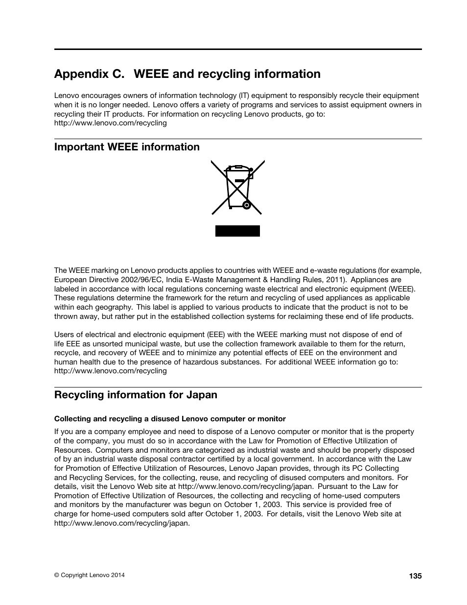 Appendix c. weee and recycling information, Important weee information, Recycling information for japan | Lenovo ThinkStation P300 User Manual | Page 147 / 162