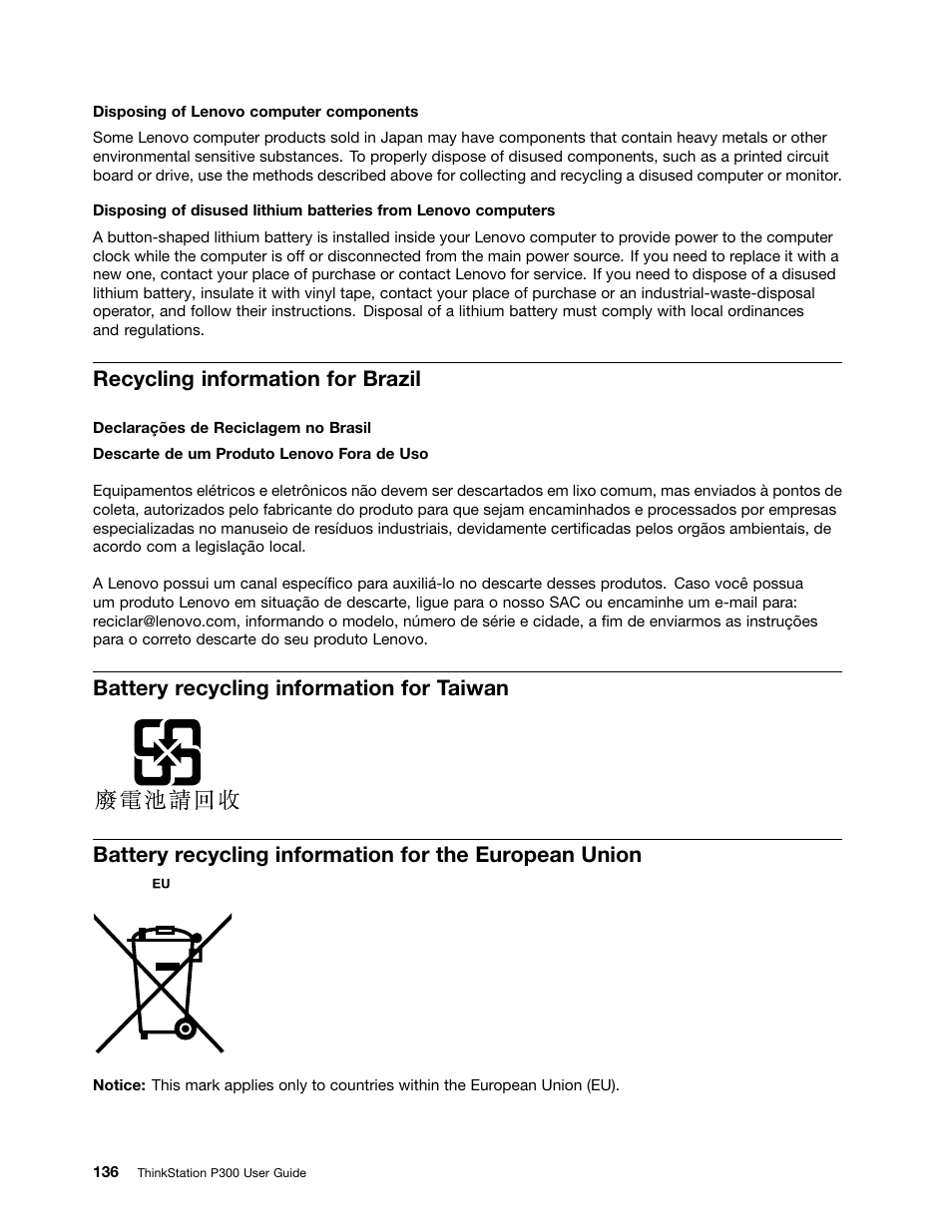 Recycling information for brazil, Battery recycling information for taiwan | Lenovo ThinkStation P300 User Manual | Page 148 / 162