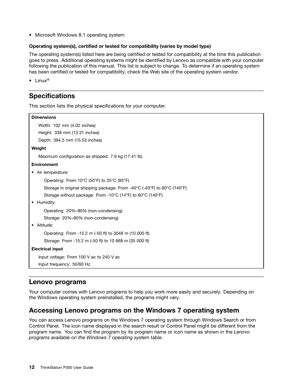 Specifications, Lenovo programs | Lenovo ThinkStation P300 User Manual | Page 24 / 162