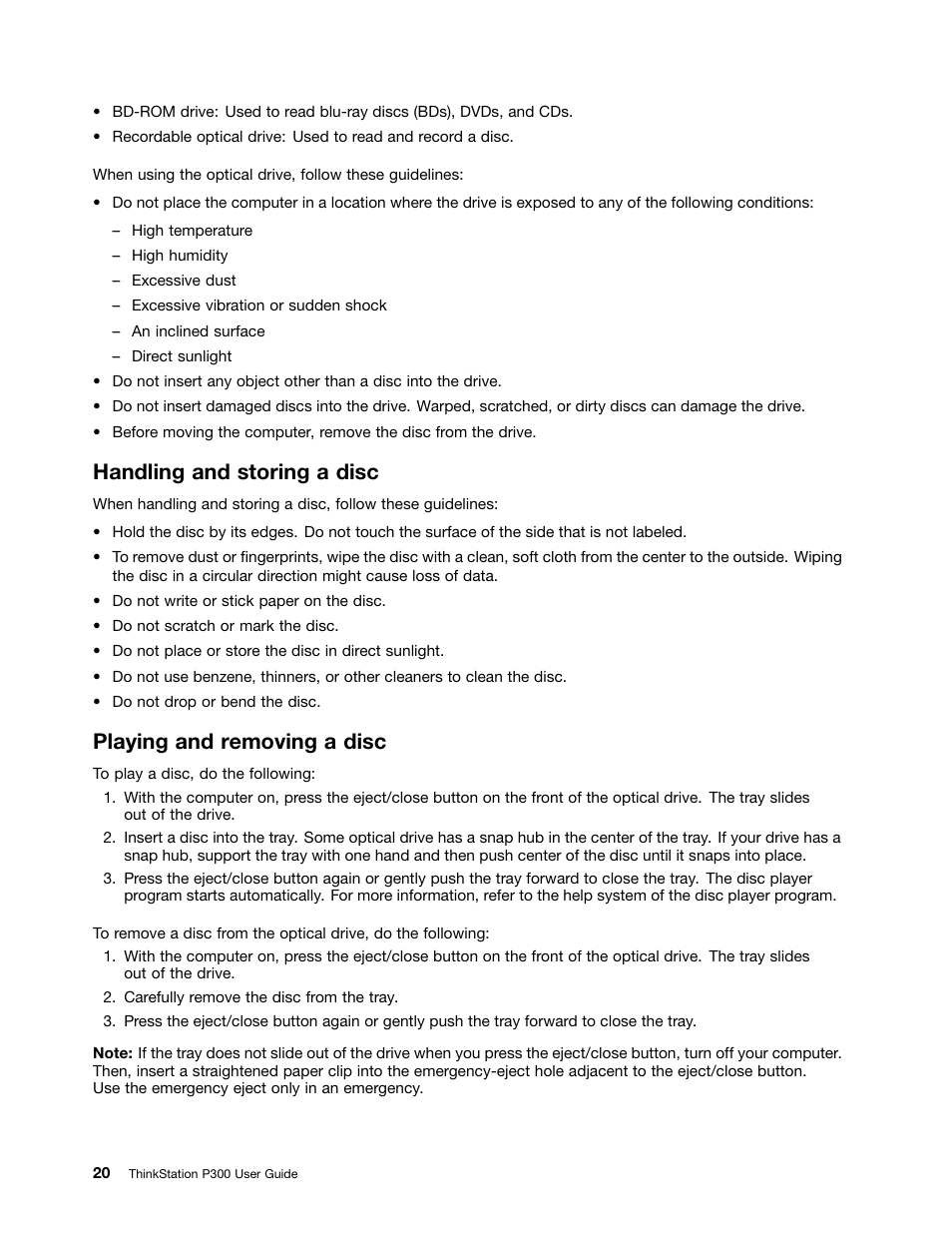 Handling and storing a disc, Playing and removing a disc | Lenovo ThinkStation P300 User Manual | Page 32 / 162