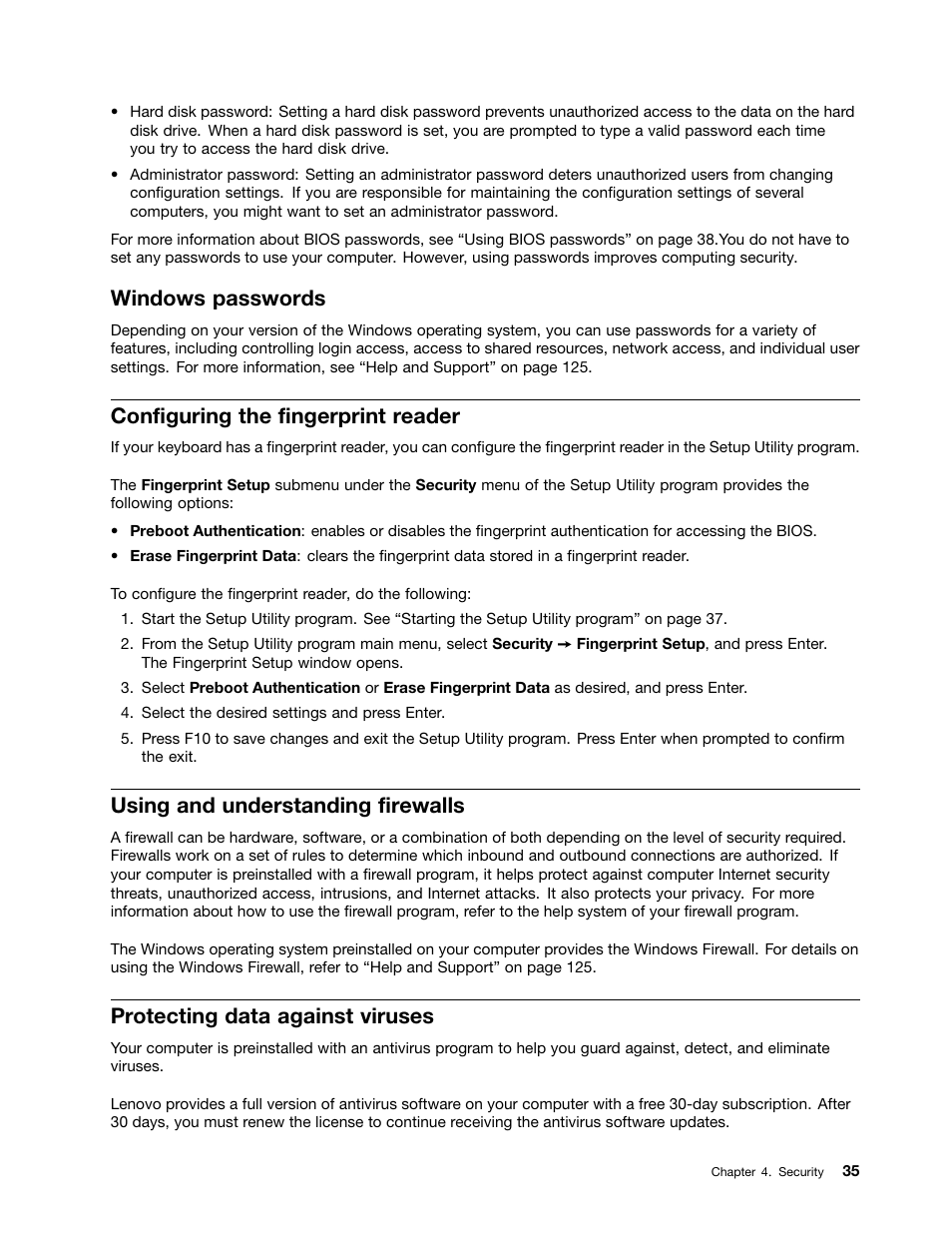 Windows passwords, Configuring the fingerprint reader, Using and understanding firewalls | Protecting data against viruses | Lenovo ThinkStation P300 User Manual | Page 47 / 162