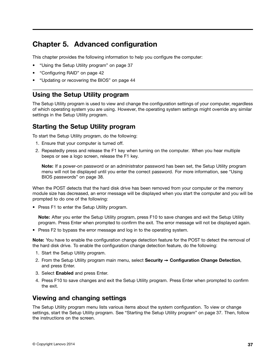 Chapter 5. advanced configuration, Using the setup utility program, Starting the setup utility program | Viewing and changing settings | Lenovo ThinkStation P300 User Manual | Page 49 / 162