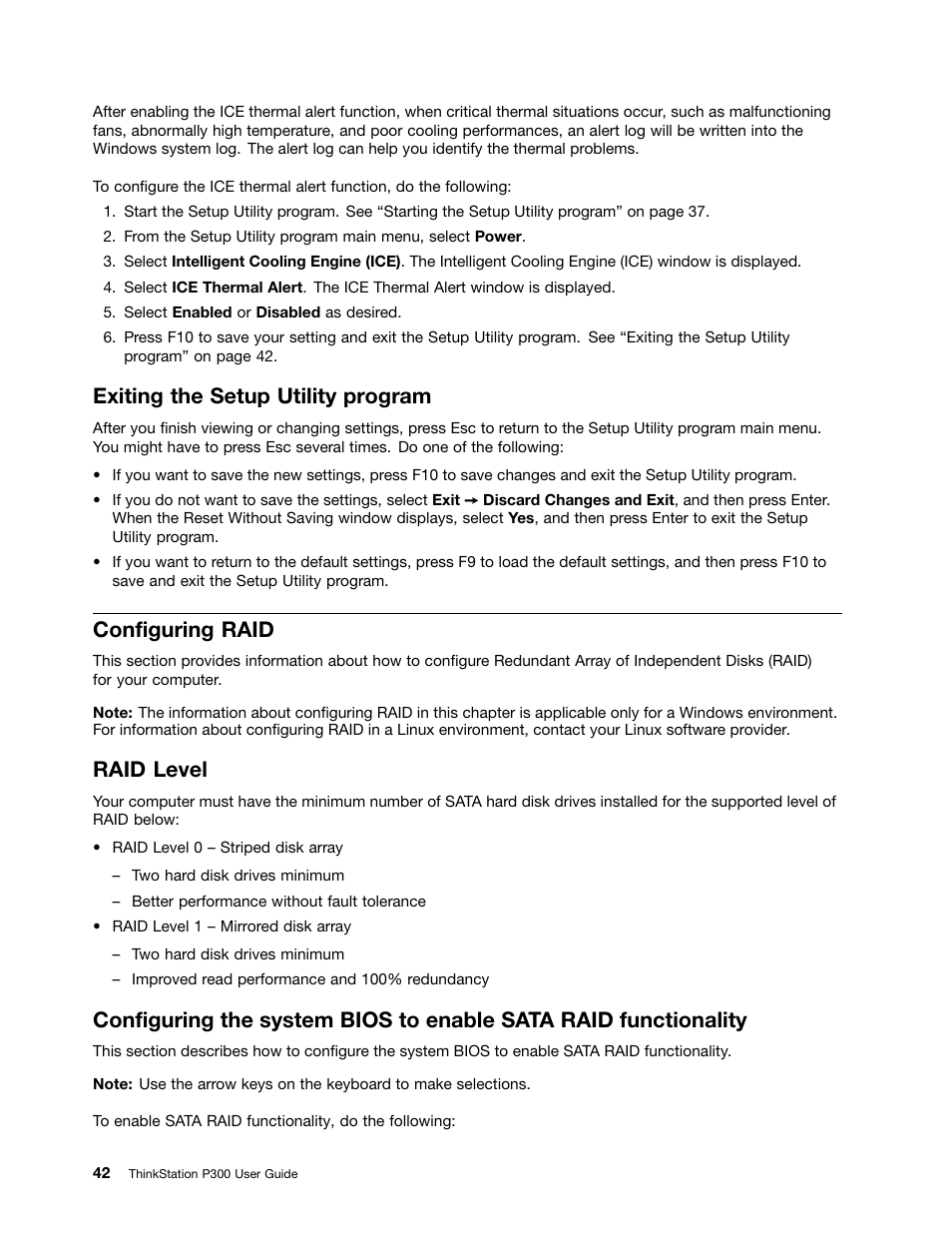 Exiting the setup utility program, Configuring raid, Raid level | Lenovo ThinkStation P300 User Manual | Page 54 / 162