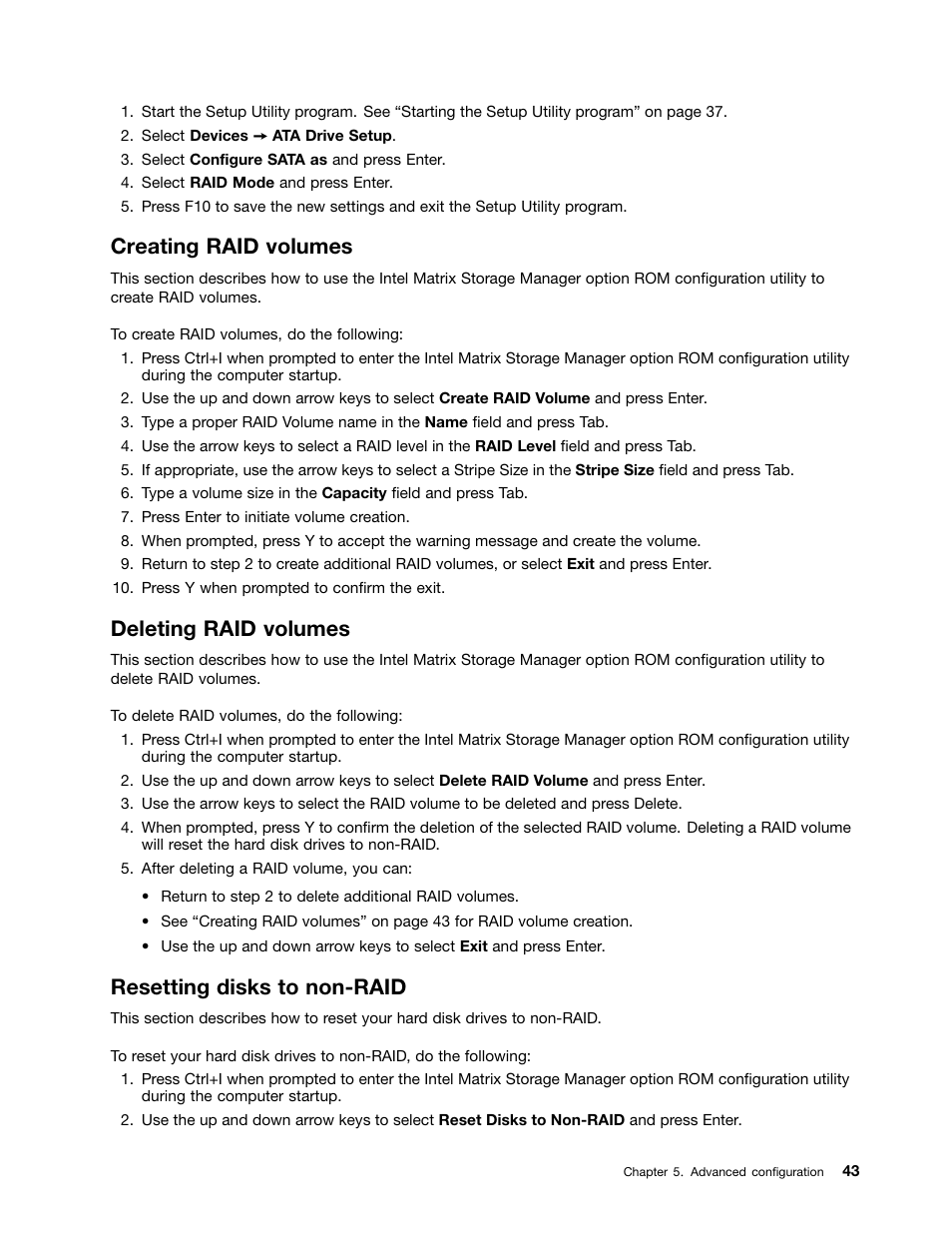 Creating raid volumes, Deleting raid volumes, Resetting disks to non-raid | Lenovo ThinkStation P300 User Manual | Page 55 / 162