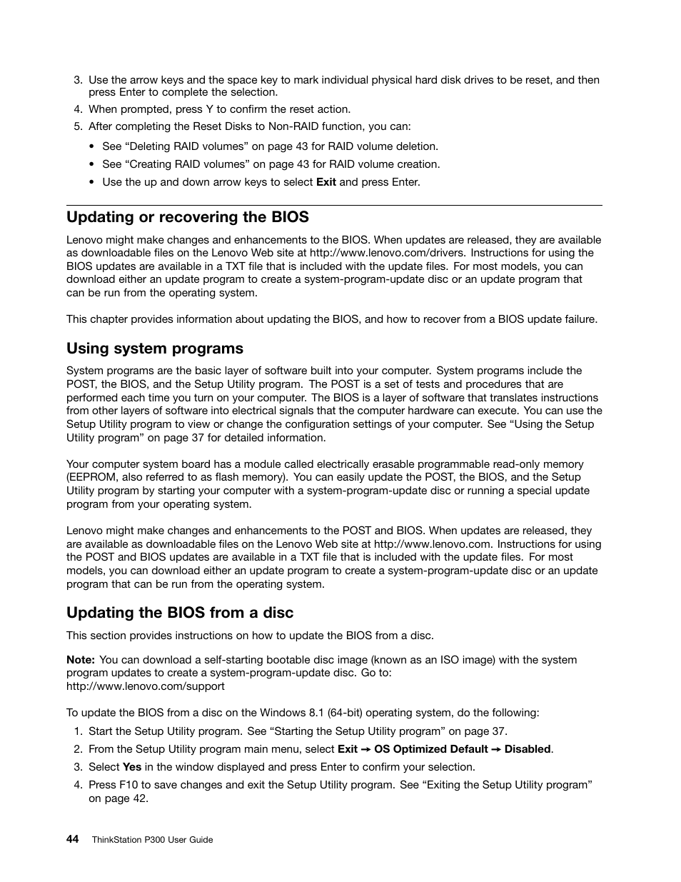 Updating or recovering the bios, Using system programs, Updating the bios from a disc | Lenovo ThinkStation P300 User Manual | Page 56 / 162