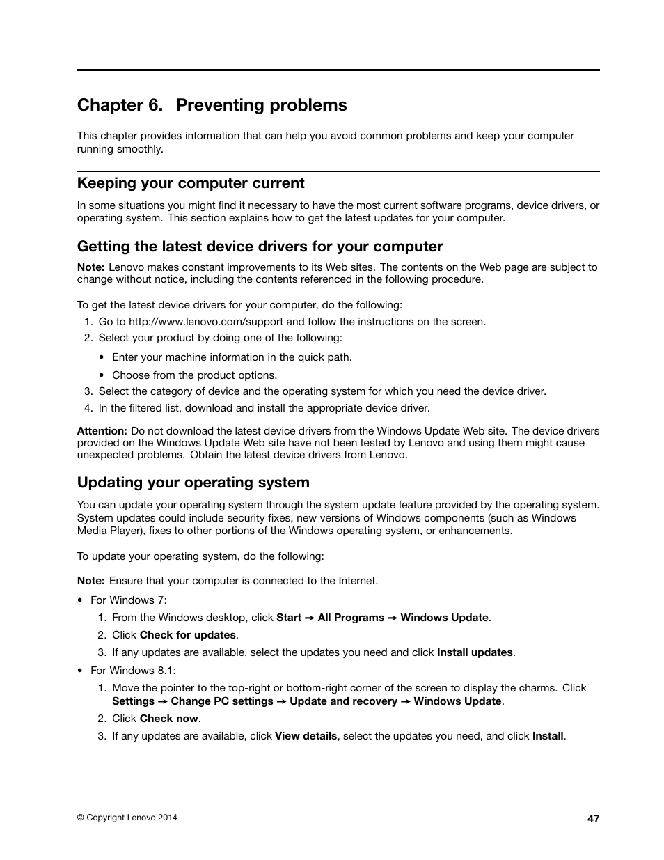 Chapter 6. preventing problems, Keeping your computer current, Updating your operating system | Lenovo ThinkStation P300 User Manual | Page 59 / 162