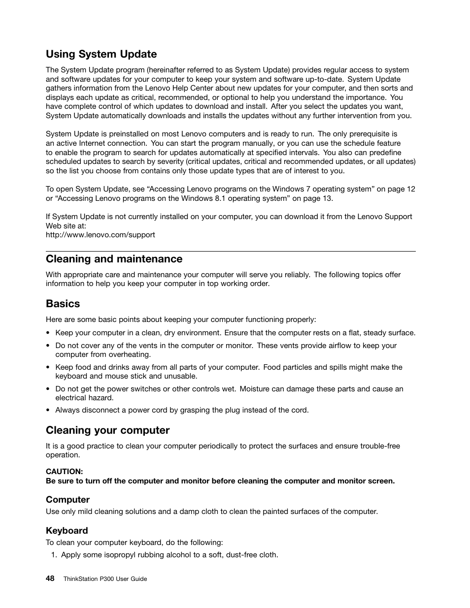 Using system update, Cleaning and maintenance, Basics | Cleaning your computer | Lenovo ThinkStation P300 User Manual | Page 60 / 162