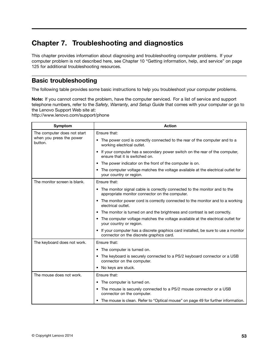 Chapter 7. troubleshooting and diagnostics, Basic troubleshooting | Lenovo ThinkStation P300 User Manual | Page 65 / 162